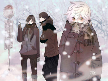 1other 2boys black_hair blush bus_stop_sign coat commentary_request contemporary crossed_arms gabimaru gloves hair_over_one_eye highres jigokuraku kumokiri_(jigokuraku) multiple_boys open_mouth pointing scarf shija snow snowing toooraaa28 tree watermark white_hair winter winter_clothes winter_coat winter_gloves