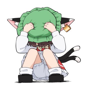 Rule 34 | 1girl, animal ear fluff, animal ear piercing, animal ears, asakura haru, bloomers, bow, bowtie, brown hair, cat ears, cat tail, charisma guard, chen, commentary request, covering head, cowering, earrings, frills, full body, green hat, hands up, hat, highres, jewelry, long sleeves, mob cap, multiple tails, nekomata, panties, pantyshot, petticoat, puffy long sleeves, puffy sleeves, red skirt, red vest, short hair, simple background, single earring, skirt, skirt set, solo, squatting, tail, touhou, two tails, underwear, upskirt, vest, white background