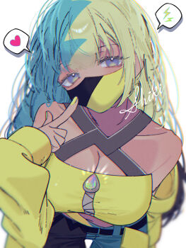 1girl absurdres alternate_hair_length alternate_hairstyle aqua_hair bandeau black_mask blonde_hair blue_eyes canari_(pokemon) commentary_request criss-cross_straps dark-skinned_female dark_skin hair_down heart highres jacket kanro_candy_illust mask mouth_mask multicolored_hair nintendo pants pokemon pokemon_legends:_z-a solo split-color_hair spoken_heart two-tone_mask two-tone_pants yellow_bandeau yellow_jacket yellow_mask