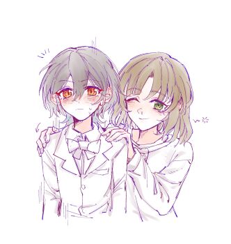 Rule 34 | 2girls, ;), aged down, arrow (symbol), blush, bow, bowtie, brown hair, closed mouth, collared shirt, commentary, english commentary, green eyes, hands on another's shoulders, highres, jacket, katsuragi izumi, katsuragi izumi's senpai, link! like! love live!, love live!, medium hair, multiple girls, notice lines, one eye closed, partially colored, shirt, simple background, smile, squeans, suit jacket, virtual youtuber, white background, wolf cut, yrxy settingsun