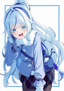 Rule 34 | 1girl, absurdres, ahoge, aokumo rin, black pantyhose, black skirt, blue background, blue eyes, blue hair, blue jacket, blue scrunchie, blue streaks, blush, checkered clothes, checkered skirt, commentary, cowboy shot, diagonal-striped clothes, diagonal-striped skirt, drooling, fur-trimmed jacket, fur trim, gloves, hand up, highres, jacket, jinggun, leaning forward, long hair, long sleeves, looking at viewer, mouth drool, multicolored hair, multicolored skirt, open mouth, pantyhose, purple skirt, red skirt, scrunchie, simple background, skirt, solo, stellive, striped clothes, striped skirt, two-tone hair, untranslatable commentary, virtual youtuber, white background, white gloves, white hair