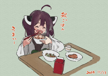 1girl ^_^ ahoge blush bowl brown_hair chopsticks closed_eyes dated drink_carton facing_viewer food food_request green_background headgear holding holding_bowl holding_chopsticks japanese_clothes kimono lamb_(hitsujiniku) long_sleeves milk_carton open_mouth solo touhoku_kiritan translation_request twintails upper_body voiceroid white_kimono wide_sleeves