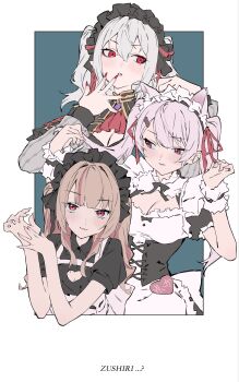 3girls absurdres animal_ear_fluff animal_ears ascot black_corset breasts brown_hair cat_ears chest_harness cleavage cleavage_cutout clothing_cutout colored_inner_hair corset genderswap genderswap_(mtf) grey_hair group_name hair_ornament hair_ribbon hairclip harness hashtag-only_commentary heart_cutout highres kemonomimi_mode kuzuha_(nijisanji) long_hair looking_at_viewer looking_to_the_side maid maid_headdress makaino_ririmu makaino_ririmu_(5th_costume) medium_breasts mole mole_under_eye multicolored_hair multiple_girls nail_polish nijisanji official_alternate_costume pink_eyes pink_hair puffy_short_sleeves puffy_sleeves red_ascot red_eyes ribbon sanya_(kuzuha) shiina_yuika shiina_yuika_(5th_costume) short_sleeves simple_background smile tadako30 twintails two-tone_hair two_side_up virtual_youtuber white_background wrist_cuffs zushiri_(nijisanji)