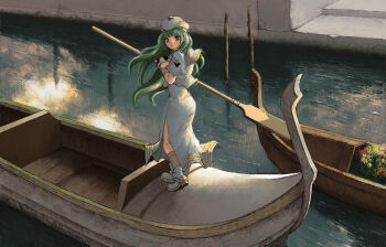 Rule 34 | 00s, 1girl, alice carroll, animal, aria (manga), bad id, bad pixiv id, boat, cat, female focus, goldregen, gondola, green hair, hat, holding, holding animal, holding cat, oar, president maa, rowboat, solo, watercraft