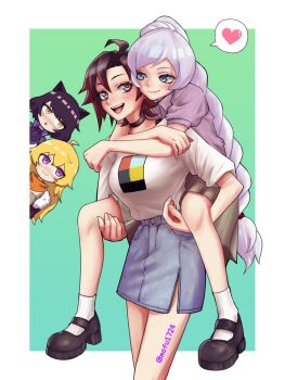 4girls absurdres ahoge animal_ears black_hair blake_belladonna blonde_hair blue_eyes braid breasts carrying cat_ears cat_girl choker commentary_request grey_eyes hair_between_eyes heart highres large_breasts long_hair miniskirt mofu1724 multiple_girls open_mouth piggyback purple_eyes ruby_rose rwby short_hair short_sleeves skirt smile speech_bubble spoken_heart teeth tongue twitter_username weiss_schnee white_hair yang_xiao_long yellow_eyes yuri
