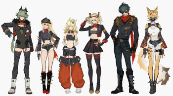 1boy 5girls absurdres adjusting_eyewear animal_ear_fluff animal_ears arm_behind_back armor arms_behind_back bare_shoulders belt belted_skirt bf2xuec6ow98466 black_boots black_gloves black_helmet black_horns black_jacket black_mask black_shorts black_skirt black_tube_top blonde_hair blue_shorts body_fur boots breastplate breasts burnice_white caesar_king_(zenless_zone_zero) cat_ears cat_girl cat_tail choker clenched_hand closed_mouth combat_helmet crop_top cross-laced_clothes cross-laced_sleeves detached_pants eyewear_on_head fur-trimmed_jacket fur-trimmed_shorts fur_trim furry furry_female furry_with_non-furry gloves goggles goggles_around_neck green_eyes green_hair green_pants hair_between_eyes hair_intakes hair_ornament hair_over_one_eye hairpin hand_on_own_hip helmet highres horns interspecies jacket large_breasts leather leather_jacket lighter_(zenless_zone_zero) long_hair looking_at_viewer looking_over_eyewear luciana_de_montefio mask mask_around_neck micro_shorts midriff mouth_mask multicolored_fur multiple_girls navel open_mouth orange_pants pants pickelhaube piper_wheel pouch prosthesis prosthetic_arm pulchra_fellini red-tinted_eyewear red_eyes red_scarf respirator scarf shoes short_hair short_twintails shorts shoulder_spikes side_ponytail skirt spiked_belt spiked_boots spiked_jacket spiked_shirt spikes standing stomach strapless studded_gloves sunglasses tail thigh_pouch tinted_eyewear torn_clothes torn_scarf tube_top twintails white_background white_shoes yellow_eyes yellow_fur yellow_tail zenless_zone_zero