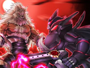 2boys animal_ears armor bandages cape commentary duel_monster english_commentary fur_trim gloves gun highres k9-x_&quot;werewolf&quot; male_focus moltengates moon multiple_boys red_eyes sharp_teeth super_quantum_black_layer teeth tokusatsu weapon werewolf yu-gi-oh!