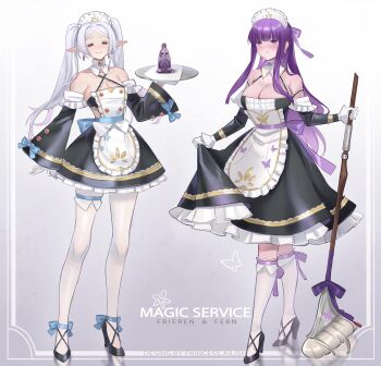 2girls :3 :t =_= absurdres alternate_breast_size alternate_costume apron artist_name bare_shoulders black_dress black_footwear black_sleeves blue_ribbon blush bottle breasts broom character_name cleavage closed_eyes closed_mouth detached_sleeves dress elf english_text enmaided facing_viewer fern_(sousou_no_frieren) frieren frilled_dress frills full_body gloves grey_background high_heels highres holding holding_broom holding_plate large_breasts long_hair looking_at_viewer maid maid_apron maid_headdress medium_breasts multiple_girls pantyhose plate pointy_ears pout princess_ailish purple_eyes purple_hair purple_ribbon ribbon skirt_hold socks sousou_no_frieren standing thighhighs twintails typo white_apron white_gloves white_hair white_pantyhose white_socks white_thighhighs