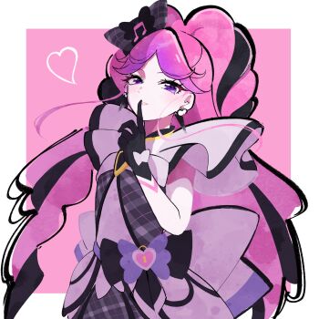 Rule 34 | 1girl, absurdres, black gloves, border, commentary, cure kiss, dress, earrings, english commentary, gloves, heart, highres, jewelry, kimi to idol precure, long hair, looking at viewer, mikoshiba megu, outside border, parted lips, pink hair, precure, purple eyes, solo, upper body, very long hair, white border