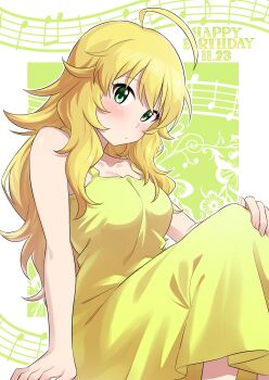 1girl absurdres blonde_hair blush breasts commentary_request dress green_eyes happy_birthday highres hoshii_miki idolmaster idolmaster_million_live! idolmaster_million_live!_theater_days long_hair long_sleeves looking_at_viewer medium_breasts musical_note ngetyan sitting solo yellow_dress