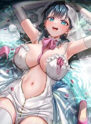 Rule 34 | 1girl, absurdres, amano nene (vtuber), between breasts, black hair, blue eyes, blunt bangs, blush, breasts, cleavage, commentary request, commission, dress, earrings, elbow gloves, gloves, green eyes, high heels, highres, jewelry, large breasts, long hair, looking at viewer, lying, navel, on back, open mouth, plunging neckline, production kawaii, ribbon, shoes, skeb commission, smile, solo, teeth, veil, virtual youtuber, water, wet, white dress, white gloves, white veil, yayoi maka