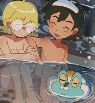 2boys :d ash_ketchum barefoot bathing black_hair blonde_hair clemont_(pokemon) closed_eyes closed_mouth collarbone commentary_request completely_nude food froakie fruit gen_6_pokemon glasses happy male_focus multiple_boys night nintendo nipples nude onsen open_mouth orange_(fruit) outdoors pokemon pokemon_(anime) pokemon_(creature) pokemon_xy_(anime) ripples round_eyewear shota sitting smile snowing suikaels towel towel_on_head water
