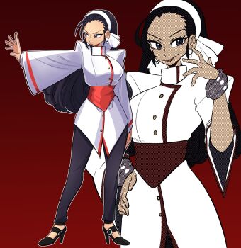 1girl black_eyes black_hair breasts dress female_focus hairband hand_on_own_hip hand_up huge_breasts kagura_chizuru large_breasts long_hair missandydandy pants smile standing the_king_of_fighters thick_thighs thighs wide_hips