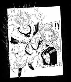 Rule 34 | !, 1boy, 2girls, absurdres, action pose, alternate universe, android 17, android 18, aura, black background, commentary, dougi, dragon ball, dragonball z, electricity, english commentary, full body, greyscale, highres, monochrome, motion lines, multiple girls, open mouth, roub3d, serious, son gohan, son gohan (future), speed lines, spiked hair, super saiyan, super saiyan 2, surprised