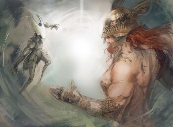 2girls abyssmalenia arthropod_girl elden_ring helmet highres hollow_knight hollow_knight:_silksong hornet_(hollow_knight) imminent_hand_holding long_hair malenia_blade_of_miquella multiple_girls muscular muscular_female red_hair winged_helmet