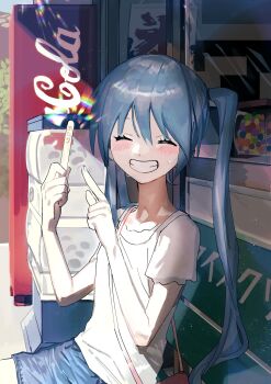 1girl bag bench blue_hair blush calc._(vocaloid) closed_eyes commentary_request denim denim_skirt eyebrows_hidden_by_hair grin handbag hatsune_miku highres holding miniskirt pointing popsicle_stick shirt sitting skirt smile solo soyaka sweatdrop t-shirt translation_request twintails vending_machine vocaloid white_shirt