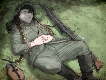 1girl ammunition_belt black_hair boots canteen dated dirty dirty_clothes germany green_jacket green_pants gun highres jacket machine_gun mg42 military mud original pants reichsadler sleeping solo swastika the_zombie5555 weapon wehrmacht world_war_ii