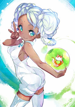 >_< 1girl aqua_eyes arched_back armpits ass bare_shoulders bindi blue_eyes blush boots braid braided_bun braided_hair_rings breasts chuchumy closed_eyes cowboy_shot dark-skinned_female dark_skin double_bun facial_mark female_focus fish fishbowl forehead_mark from_side fujishima-sei_ichi-gou goldfish gradient_background green_eyes gundam gundam_g_no_reconguista hair_bun hair_rings halterneck highres holding impossible_clothes light_smile looking_at_viewer looking_back no_bra outstretched_arm raraiya_monday short_hair sideboob small_breasts smile solo standing thigh_boots thighhighs twin_braids twitter_username unitard v water white_boots white_hair white_thighhighs zettai_ryouiki