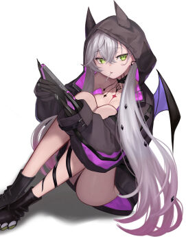 1girl bare_legs black_boots black_hands black_hoodie black_jacket body_markings boots breasts candy choker colored_extremities commentary_request crossed_bangs demon_girl demon_wings ear_piercing earrings fate/grand_order fate_(series) food genshu_doki green_eyes grey_hair hair_between_eyes handheld_game_console highres holding holding_handheld_game_console hood hoodie jacket jewelry lilith_(fate) lilith_(first_ascension)_(fate) lollipop lollipop_in_mouth long_hair long_sleeves looking_at_viewer open_clothes open_jacket original piercing shadow simple_background single_earring sitting solo tattoo_between_breasts twintails white_background wings