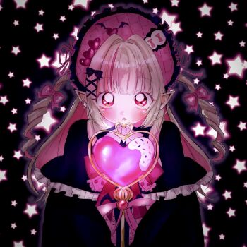 Rule 34 | 1girl, black background, black capelet, black ribbon, bluemoon 079, blunt bangs, blush, bonnet, bow, capelet, chinstrap, colored inner hair, drill hair, ear chain, earclip, earrings, frilled bonnet, frilled capelet, frills, grey hair, hair intakes, hair ornament, hair ribbon, heart, heart wand, highres, jewelry, linked piercing, long hair, looking at viewer, magical girl, makaino ririmu, multicolored hair, neck ribbon, nijisanji, official alternate costume, official alternate hairstyle, parted lips, piercing, pink bow, pink hair, pink ribbon, pink streaks, pointy ears, red eyes, red ribbon, ribbon, sidelocks, solo, standing, star-shaped pupils, star (symbol), star symbol background, streaked hair, symbol-shaped pupils, two-tone hair, two side up, upper body, upturned eyes, virtual youtuber, winged heart, x hair ornament