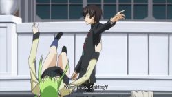 1boy 1girl animated anime_screenshot ashford_academy_school_uniform ass black_hair black_jacket black_pants black_skirt breasts c.c. code_geass falling green_hair highres jacket lelouch_vi_britannia long_hair long_sleeves medium_breasts open_mouth panties pants pushing school_uniform skirt sound subtitled tagme thighs tomato underwear video white_panties yellow_eyes yellow_jacket