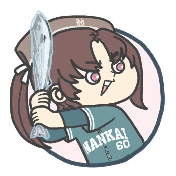 Rule 34 | 1girl, bandana, baseball jersey, batting stance, blue shirt, brown bandana, brown hair, character name, ferret-san, fish, highres, hiroshima touyou carp, jersey, kantai collection, long hair, nankai (kancolle), nippon professional baseball, open mouth, parody, ponytail, red eyes, shirt, smile, solo, teeth, triangle mouth, upper body, upper teeth only