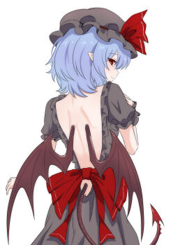 Rule 34 | 1girl, back, black dress, black hat, blue hair, commentary request, demon tail, dress, frills, from behind, hat, hat ornament, highres, looking at viewer, medium hair, merihari07, mob cap, pointy ears, puffy short sleeves, puffy sleeves, red eyes, remilia scarlet, short sleeves, simple background, solo, tail, touhou, vampire, wings