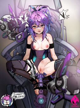 1girl anal bandaid bandaid_on_face bandaid_on_nose bare_shoulders black_thighhighs blue_eyes blue_hair blurry blurry_foreground blush breasts breasts_out camera chibi chibi_inset clothing_aside consent_sticker high_ponytail highres long_hair medium_breasts melody_(projektmelody) melody_(projektmelody)_(cybermel) multicolored_hair nipples one-piece_swimsuit ponytail purple_hair pussy pussy_juice restrained ringed_eyes rolling_eyes saliva sex_machine solo_focus streaked_hair swimsuit swimsuit_aside t0m_(projektmelody) thighhighs toes uncensored virtual_youtuber vshojo yeougui