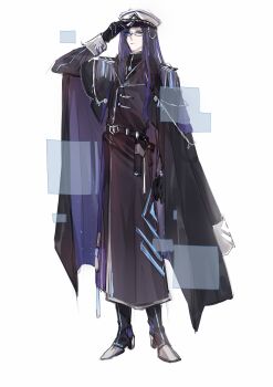 1boy absurdres adjusting_clothes adjusting_headwear arm_at_side belt belt_buckle black_belt black_boots black_coat black_gloves black_robe black_shirt blue-tinted_eyewear blue_coat blue_eyes blue_hair boots buckle chinese_commentary clarence_clayden clarence_clayden_(infinite_empire) closed_mouth coat coat_on_shoulders commentary_request epaulettes expressionless full_body glasses gloves gun hand_on_headwear handgun hat he_he_chang heterochromatic_eyewear highres holographic_interface holster holstered lapels long_coat long_hair long_sleeves looking_at_viewer lovebrush_chronicles male_focus military_hat military_uniform mole mole_under_eye parted_bangs peaked_cap print_coat robe shirt sideways_glance simple_background sleeve_cuffs solo standing tinted_eyewear turtleneck turtleneck_shirt two-sided_coat two-sided_fabric weapon white_background white_hat