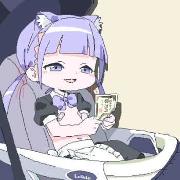 1girl animal_ear_hairband animal_ears apron bandaid bandaids_on_nipples banknote black_skirt blunt_bangs bow bowtie cat_ear_hairband cat_ears character_name commentary_request fake_animal_ears feet_out_of_frame female_focus flat_chest hair_ribbon hairband half-closed_eyes holding holding_money lokulo-chan_(lokulo_no_mawashimono) lokulo_no_mawashimono loli long_hair looking_at_object low_twintails lowres money open_mouth original pasties purple_bow purple_bowtie purple_eyes purple_hair red_ribbon reference_request ribbon simple_background sitting skirt smile solo stroller topless_female twintails waist_apron yellow_background yen