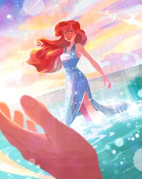 Rule 34 | 1girl, ariel (disney), bare arms, bare shoulders, blue dress, blue eyes, blurry, blurry foreground, breasts, commentary request, dress, hair between eyes, long dress, long hair, looking at viewer, medium breasts, naco oekaki, ocean, outstretched hand, parted lips, red hair, red lips, side slit, signature, sleeveless, sleeveless dress, smile, soaking feet, teeth, the little mermaid (disney)