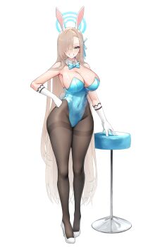 1girl absurdly_long_hair absurdres animal_ear_hairband animal_ears asuna_(blue_archive) asuna_(bunny)_(blue_archive) asymmetrical_bangs bar_stool black_pantyhose blue_archive blue_bow blue_bowtie blue_halo blue_leotard bow bowtie breasts covered_navel detached_collar fake_animal_ears fake_tail gloves hair_over_one_eye hairband halo high_heels highleg highleg_leotard highres huge_breasts leotard long_hair looking_at_viewer mikelee0614 mole mole_on_breast official_alternate_costume pantyhose playboy_bunny rabbit_ear_hairband rabbit_ears rabbit_tail smile solo standing stool strapless strapless_leotard tail thighband_pantyhose traditional_bowtie very_long_hair white_gloves