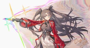 1girl black_gloves blue_eyes brown_hair earrings fate/stay_night fate_(series) gloves highres holding holding_sword holding_weapon honkai:_star_rail honkai_(series) hoop_earrings jacket jewelry long_hair looking_at_viewer ozzo_(ozzo855122) pendant red_jacket rin's_pendant_(fate) shirt skirt smile solo sword tohsaka_rin tohsaka_rin_(honkai:_star_rail) two_side_up upper_body weapon white_skirt zelretch_sword