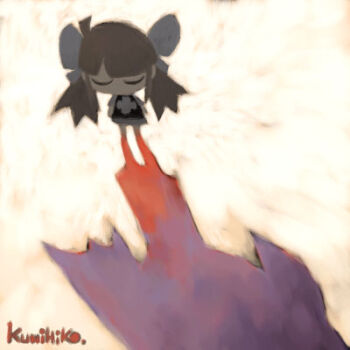 1girl ahoge archived_source arms_at_sides artist_name black_dress blunt_bangs bow chibi chibi_only closed_eyes commentary cross cross_print dress english_commentary full_body hair_bow legs_apart long_hair long_sidelocks low_twintails lowres no_lineart original print_dress ruby-ko shadow short_sleeves sidelocks simple_background solo standing tanaka_kunihiko twintails white_background white_bow white_dress white_sleeves