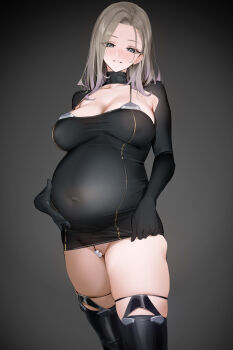 1girl azur_lane black_dress black_gloves blush bottomless breasts brown_hair cleavage clothes_lift covered_erect_nipples covered_navel dress dress_lift elbow_gloves gloves gradient_hair grin groin hand_on_own_stomach highres large_breasts lifting_own_clothes long_hair multicolored_hair new_orleans_(azur_lane) no_bra no_jacket no_panties pregnant purple_hair smile solo standing thighs yd_(orange_maru)