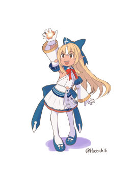 1girl absurdres arm_up bare_shoulders blonde_hair dark-skinned_female dark_elf dark_skin digimon digimon_adventure digivice elf full_body hasyahi6 highres holding hololive long_hair multicolored_hair pointy_ears shiranui_flare shiranui_flare_(1st_costume) simple_background skirt solo two-tone_hair virtual_youtuber white_background white_hair white_skirt