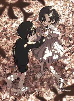 Rule 34 | 1boy, 1girl, autumn, autumn leaves, black hair, cast, closed eyes, commentary request, couple, crutch, full body, gakuran, highres, holding hands, leaf, looking at another, open mouth, original, outdoors, school uniform, serafuku, short hair, smile, takanashi atashi