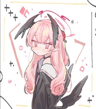 1girl black_shirt black_wings blue_archive blush breasts closed_mouth expressionless feathered_wings flat_chest halo head_wings highres koharu_(blue_archive) looking_at_viewer low_wings nagakiras2 neckerchief pink_eyes pink_hair pink_halo pink_neckerchief sailor_collar sailor_shirt shirt simple_background small_breasts solo twintails upper_body white_background wings