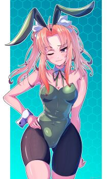1girl absurdres animal_ear_hairband animal_ears aqua_background bike_shorts_under_leotard breasts detached_collar fake_animal_ears gradient_background green_leotard hair_ribbon hairband hand_on_own_hip highres honeycomb_(pattern) honeycomb_background kagerou_(kancolle) kantai_collection leotard medium_breasts neck_ribbon orange_hair playboy_bunny rabbit_ears rabbit_tail ribbon solo strapless strapless_leotard tail twintails wrist_cuffs yoko_hata