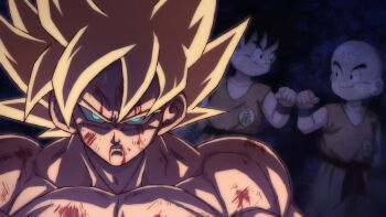 2boys bald black_eyes black_hair blonde_hair blood blood_on_face commentary dougi dragon_ball dragonball_z green_eyes highres kuririn multiple_boys muma_maximum76 muscular muscular_male son_goku spiked_hair super_saiyan super_saiyan_1 upper_body wristband