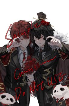 1boy 1girl black_pants black_suit bouquet coat coat_on_shoulders collared_shirt commission dragon_print flower formal_clothes fur-trimmed_coat fur_trim gloves hair_bun hand_up highres holding holding_bouquet husband_and_wife lapels library_of_ruina lowell_(project_moon) meow215211 necktie notched_lapels panda pants project_moon red_flower red_necktie sample_watermark shirt suit watermark white_background white_gloves white_shirt xiao_(project_moon)