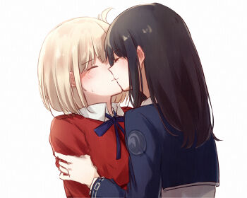 2girls black_hair blonde_hair blush closed_eyes commentary_request dress highres inoue_takina kage_ochi kiss lycoris_recoil medium_hair multiple_girls nishikigi_chisato short_hair two-tone_dress yuri