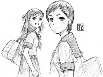 aisha_aldola bindi contemporary graphite_(medium) greyscale monochrome school_uniform serafuku short_hair signature sketch sora_no_woto suminoya_kureha traditional_media twintails yoshikawa_kazunori