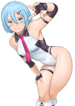 1girl armpits artist_request bare_shoulders blue_eyes blue_hair blush breasts dead_or_alive dead_or_alive_6 elbow_pads female_focus fingerless_gloves glasses gloves hair_ornament hairclip highres jewelry leaning leaning_forward leotard looking_at_viewer medium_breasts necktie nico_(doa) ring shiny_clothes shiny_skin short_hair simple_background smile solo thigh_strap