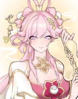 Rule 34 | 1girl, absurdres, breasts, chinese clothes, chinese commentary, chinese hairstyle, commentary request, diamond-shaped pupils, diamond (shape), dress, elf, elysia (hi love elf) (honkai impact), elysia (honkai impact), hand fan, highres, holding, holding fan, honkai (series), honkai impact 3rd, jin ling de ling, large breasts, long hair, looking at viewer, official alternate costume, pink dress, pink hair, pointy ears, purple eyes, simple background, smile, solo, symbol-shaped pupils, upper body, very long hair