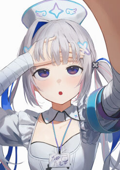 Rule 34 | 1girl, 1other, :o, absurdres, amane kanata, amane kanata (nurse), angel, bandaid, bandaid on arm, blue eyes, blue hair, collarbone, commentary, detached collar, flat chest, forehead, frills, grey hair, hair ornament, hand on own forehead, hat, highres, hololive, light blush, long hair, multicolored hair, nurse, official alternate costume, official alternate hairstyle, open mouth, pov, simple background, star (symbol), tokaki, twintails, virtual youtuber, white background, x hair ornament