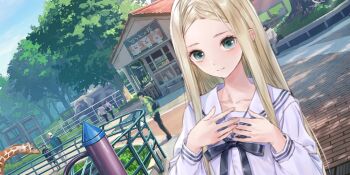 1other 2girls 5boys animal bench blonde_hair blue_reflection_(series) blue_reflection_sun blue_sky brick_road building closed_mouth collarbone day dutch_angle elephant forehead game_cg giraffe green_eyes hands_on_own_chest highres kishida_mel looking_at_viewer morisaki_alesia_yu multiple_boys multiple_girls non-web_source official_art outdoors parted_bangs railing sailor_collar school_uniform serafuku sky solo_focus tree upper_body white_sailor_collar white_serafuku zoo