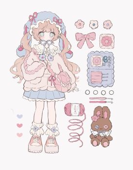 1girl animal_hat aqua_eyes blue_hat blue_ribbon blue_skirt blush brown_hair closed_mouth commentary_request expressionless flower full_body hat hat_ribbon heart highres jacket long_sleeves miniskirt no_nose original pink_bag pink_flower pink_jacket pink_ribbon pink_shoes pleated_skirt rabbit_hat ribbon shoes simple_background skirt sneakers socks solo stuffed_animal stuffed_rabbit stuffed_toy tareme twintails white_background white_socks yarn zane290