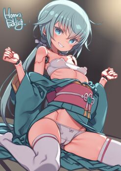 1girl artist_name breasts commentary_request covered_erect_nipples doll_joints frame_arms_girl highres japanese_clothes joints kimono long_hair paid_reward_available panties partial_commentary puddinghomhom sash sitting small_breasts smile solo stylet thighhighs underwear white_panties white_thighhighs