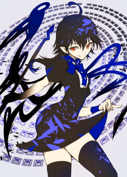 1girl asymmetrical_wings black_dress black_hair black_thighhighs clothes_lift commentary_request danmaku dress dress_lift grin highres houjuu_nue ichizen_(o_tori) looking_at_viewer medium_hair one-hour_drawing_challenge orange_eyes pointy_ears short_sleeves smile solo teeth thighhighs thighs touhou wings zettai_ryouiki